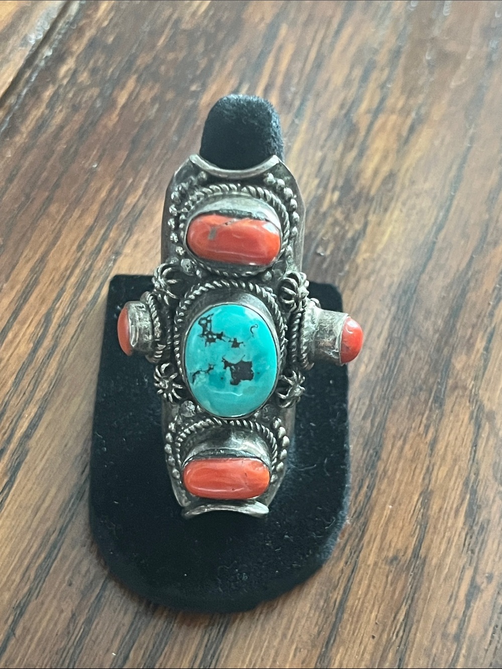 Tibetan 925 Silver Saddle Ring - Turquoise and Coral
